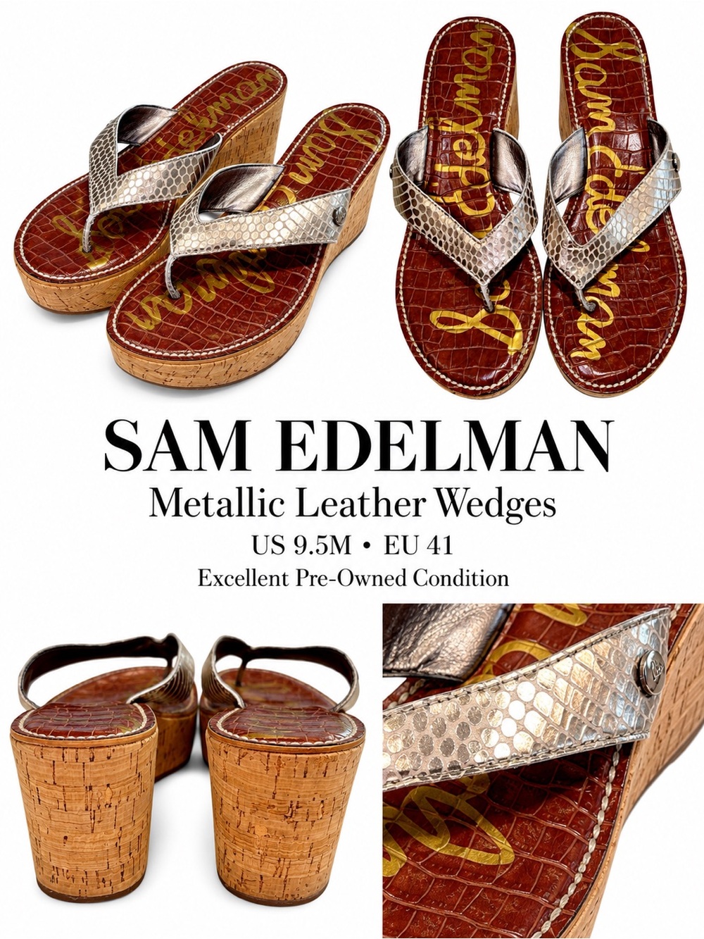 Sam Edelman Metallic Silver Snakeskin-Print Thong Sandals on Brown Footbed